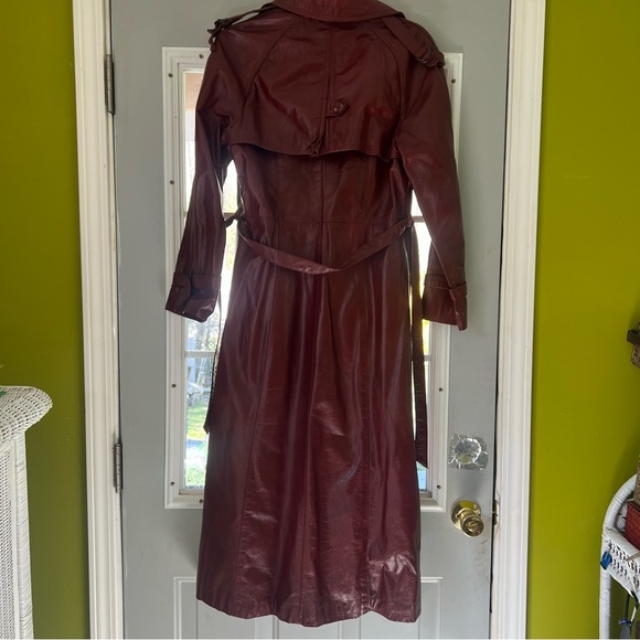 Long Women's Oxblood Leather Trench Coat 70’s Belted Small - Picture 7 of 8